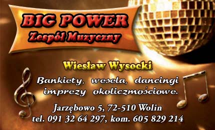 Wizytówka zespołu muzycznego Big Power z informacjami kontaktowymi i dyskotekową kulą w tle.